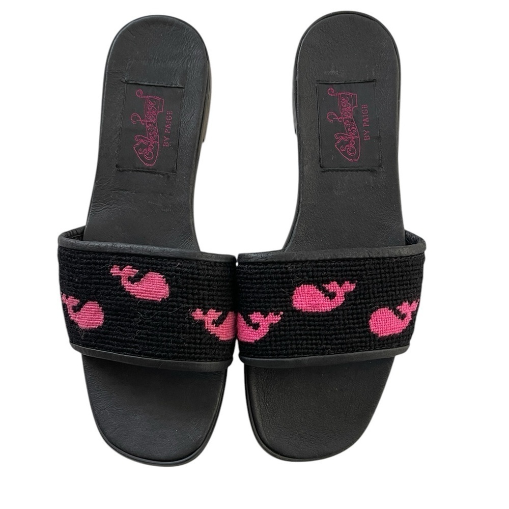 By Paige Needlepoint Whale Slides Size 8 | Black Wool Embroidered Peep Toe